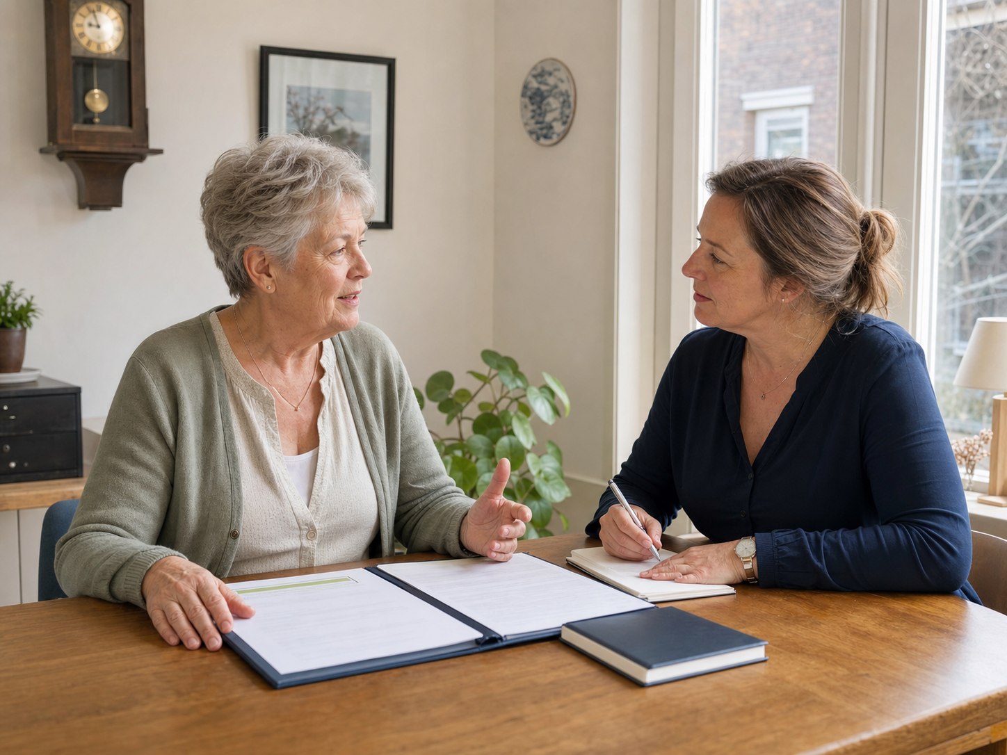 Oudere vrouw bespreekt haar wensen met een onafhankelijke begeleider